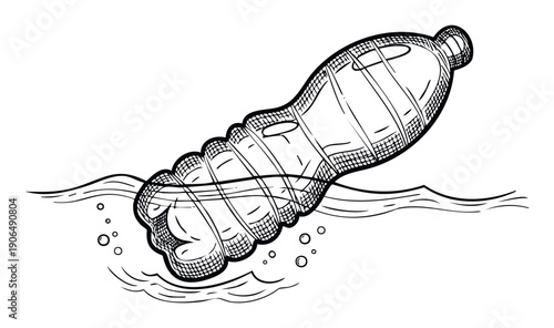 A black and white sketch showing a discarded plastic bottle floating on water, symbolizing marine litter and plastic waste in oceans, perfect for environmental awareness campaigns and