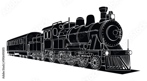 A stark black and white depiction of a classic steam locomotive train with passenger cars offers a striking graphic for transportation themes, historical projects, or educational materials.