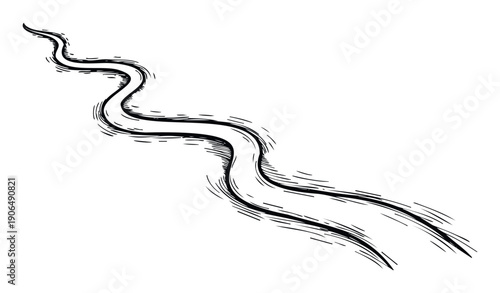 A winding black ink drawing resembling a flowing river or stream, suitable for rustic travel maps or decorative borders in various creative projects.