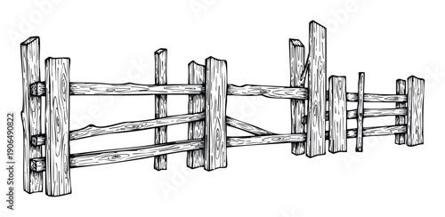 A rustic wooden fence made from logs and planks, handdrawn in a line art sketch style, ideal for illustrating country scenes, farm life, or property boundaries in various media projects.