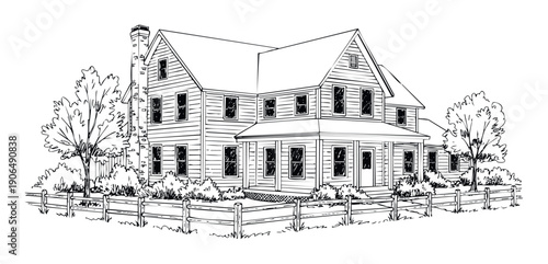 A detailed line sketch of a traditional two story American family house with architectural features, a welcoming front porch, multiple windows, surrounding trees, bushes, and a rustic fence.