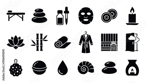 Essential wellness and relaxation icons including massage, hot stones, facial masks, and bath accessories, ideal for selfcare and beauty service advertisements