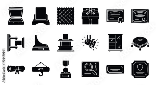 A versatile collection of black silhouette icons representing office equipment, home decor items, awards, and essential tools, suitable for modern graphic user interface applications and