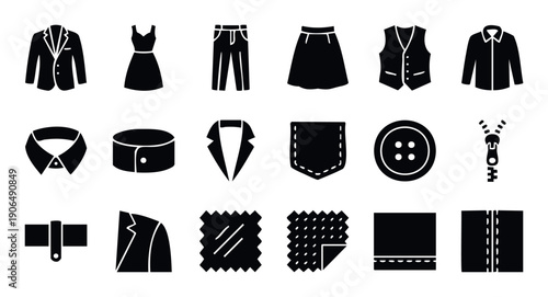 Professional collection of black glyph icons illustrating various clothing items garment parts and fabric textures perfect for textile industry and fashion design applications