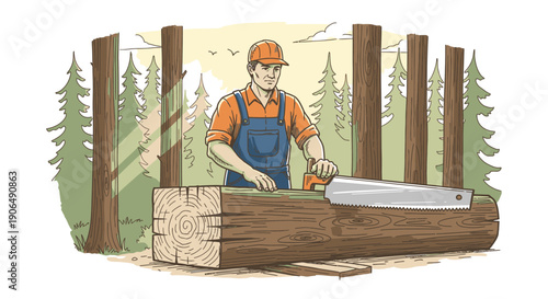 A dedicated lumberjack diligently saws a large tree trunk in a sunlit forest, showcasing traditional woodworking skills and manual labor.
