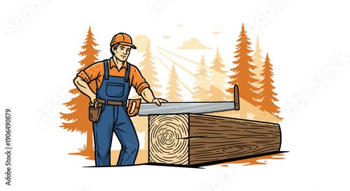 A dedicated lumberjack, dressed in protective workwear, meticulously saws through a large wooden log amidst a serene forest landscape, highlighting traditional craftsmanship.