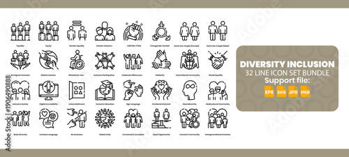32 line icon set about diversity inclusion. Inclusivity concept.