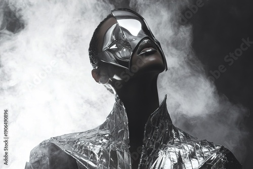 Futuristic silver mask worn by model in metallic suit amid smoky, dramatic lighting