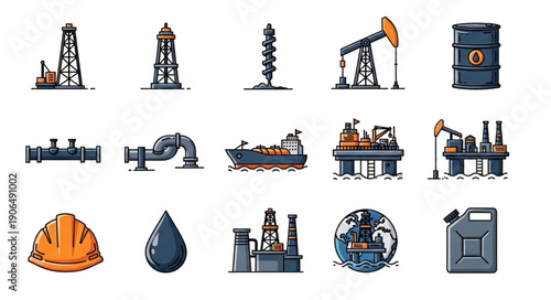Collection of oil and gas industry icons and illustrations.