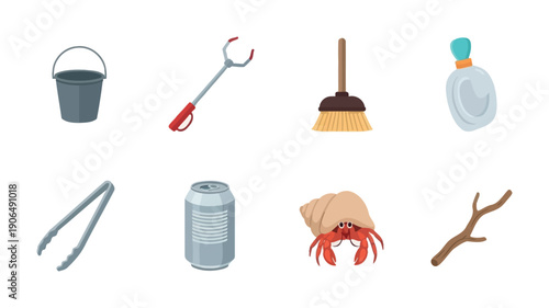 Practical tools for environmental cleanup, such as a grabber, bucket, and broom, shown with typical litter and a hermit crab, great for promoting ecological awareness campaigns.