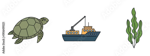 A visually appealing graphic set showcasing a serene sea turtle, a functional cargo ship with a prominent crane, and lush green seaweed, perfect for various marine and environmental