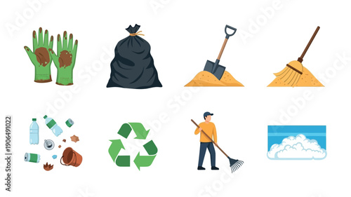 Essential tools and items for cleaning up outdoor spaces, managing waste, and promoting environmental care, perfect for sustainability and community service projects and activities.