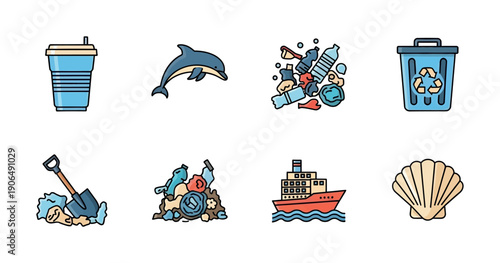 Icons depicting ocean conservation with a dolphin, plastic trash, recycling bin, cleanup shovel, seashell, reusable cup, and a ship, suitable for environmental awareness and sustainability