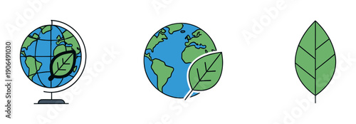 Environmental icons depicting the Earth and green leaves, symbolizing ecology, nature, and global sustainability, perfect for ecofriendly business presentations and educational materials.