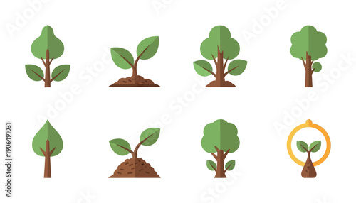 Green plant and tree growth icons symbolizing nature preservation and environmental sustainability perfect for ecological projects and educational materials.