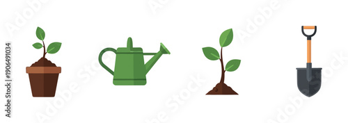 Set of essential gardening icons, including a potted plant, green watering can, growing sprout, and a shovel, representing successful cultivation, nature, and the continuous process of