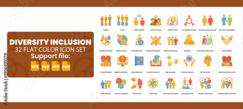 32 flat icon set about diversity inclusion. Inclusivity concept.