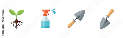 Graphic set of gardening and plant care essentials including a healthy sprout with roots, a functional spray bottle for watering, and ergonomic garden trowel tools