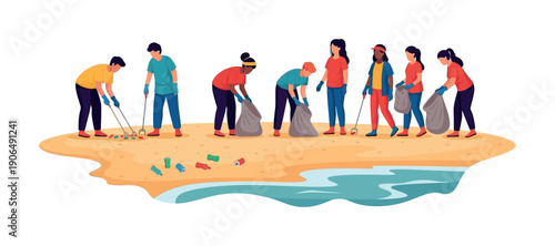 A diverse group of young Black, Asian, and Hispanic volunteers performs a beach cleanup, actively gathering plastic bottles and discarded waste to protect the ocean.