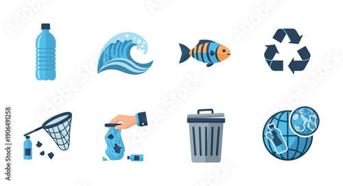 Collection of environmental icons illustrating global plastic pollution, marine life threats, waste collection, and recycling efforts for sustainability campaigns and ecological awareness