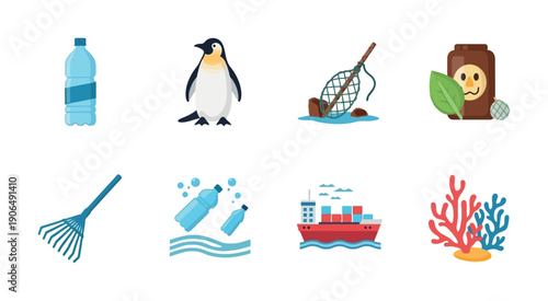 Promoting global ocean conservation and environmental awareness with diverse graphical elements depicting plastic pollution, marine animals, coral ecosystems, and cleaning tools for