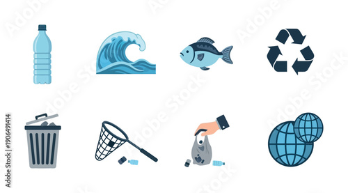 A collection of environmental icons depicting plastic pollution in oceans, marine life danger, waste collection, and recycling solutions for use in global ecological campaigns and