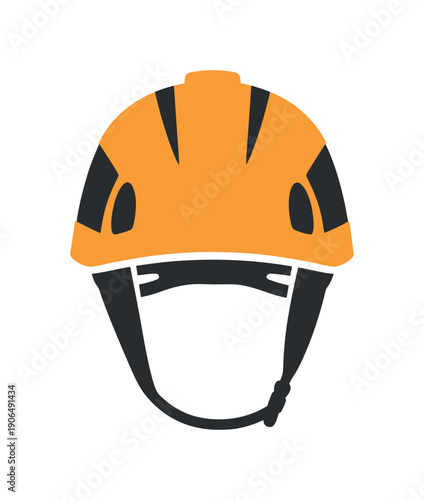 A clear vector icon of an orange safety helmet with black details and a chin strap, representing essential protective headgear for sports, outdoor activities, or construction work