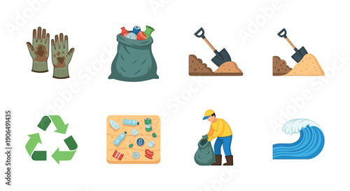 A comprehensive collection of environmental responsibility icons representing cleanup efforts, waste management, recycling, and beach conservation for ecological awareness campaigns and
