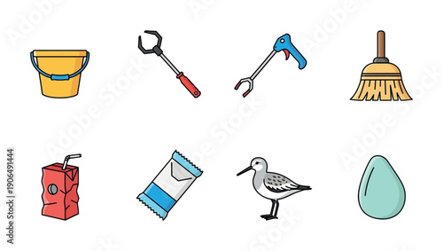Assortment of cleanup equipment and common waste items shown with a shorebird and an egg, suitable for environmental awareness campaigns and conservation projects.