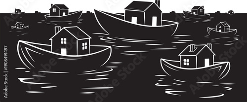 Black and white illustration of houses on boats floating