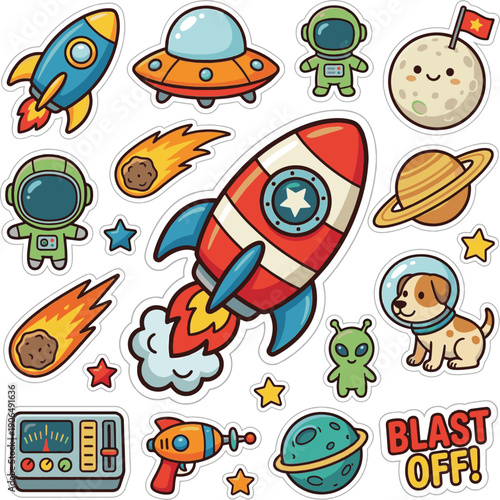 Cute Rocket Ship Vector Sticker. Retro cartoon spacecraft blasting off with fire and smoke isolated