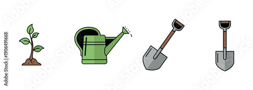 A vibrant collection of essential gardening equipment featuring a sprouting plant, a watering can, and sturdy shovels, perfect for agricultural and naturethemed content.