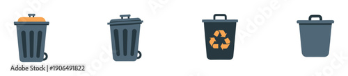Collection of diverse waste management receptacles including recycling bins and garbage cans suitable for ecology and urban environment applications