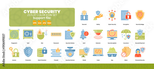 A collection of 25 flat icons on the theme of data security and digital protection.