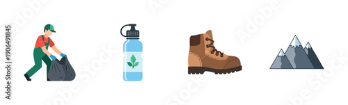 Outdoor adventure and environmental responsibility set with a volunteer cleaning, ecofriendly water bottle, hiking boot, and mountains for naturefocused campaigns