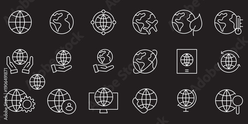 Globe, world outline icon set. Planet, earth, global, internet, geography line icons. Vector icons.