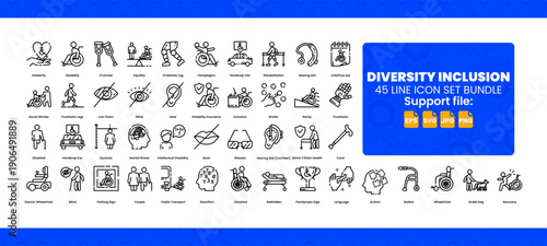 A collection of 45 line icons related to disabilities and people with disabilities.