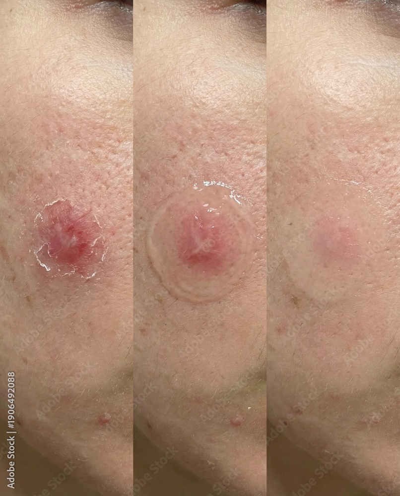 Naklejka premium Skin care treatment steps for facial blemish on cheek