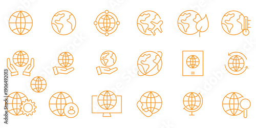 Globe, world outline icon set. Planet, earth, global, internet, geography line icons. Vector icons.