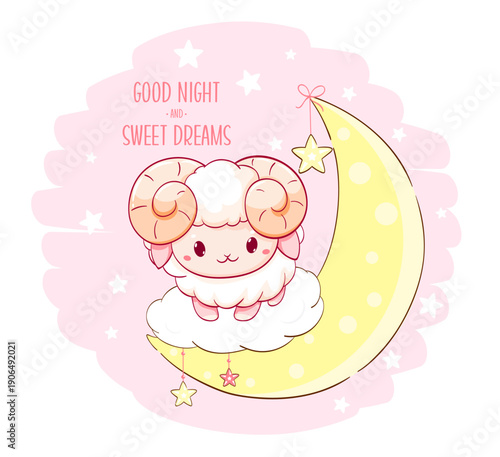 Cute baby lamb on moon. Inscription Good night and sweet dreams. Cartoon little sheep on crescent. Can be used for for childish t-shirt prints, nursery poster, baby shower greeting card. Vector EPS8
