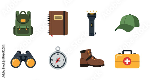 A curated collection of essential outdoor adventure gear and camping equipment in a modern flat vector style, ideal for travel blogs, hiking guides, and exploration activity promotions.