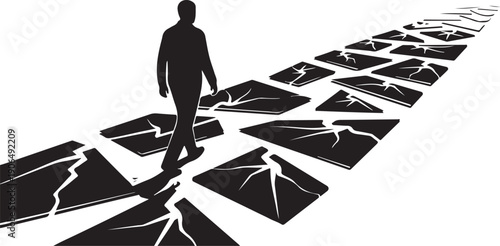 Man walking on broken tiles with cracks and shadows