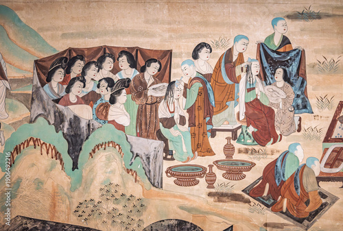 Ancient mythological story characters murals in the Dunhuang Caves of China.