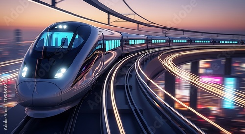Modern silver bullet train speeding on elevated tracks at sunset with blurred city lights