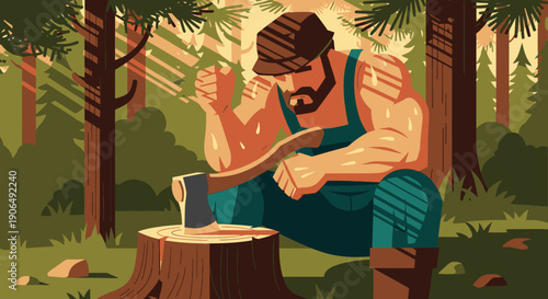 A powerful, bearded lumberjack, wearing a cap and overalls, takes a well-deserved break, resting on a tree stump in a vibrant forest with his axe.