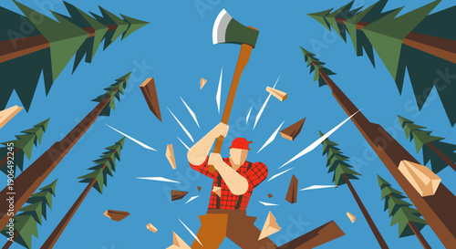 A determined lumberjack vigorously chops down a large tree with an axe, surrounded by tall forest pines under a clear blue sky, illustrating hard work and forestry.