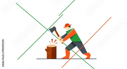 A determined lumberjack in vibrant work attire powerfully chops a thick log, illustrating traditional manual labor with a modern flat design aesthetic.