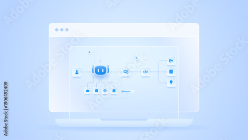 AI workflow automation artificial intelligence. ai agent workflow diagram dashboard connecting node input, processing flow, ai model, coding and automation system.