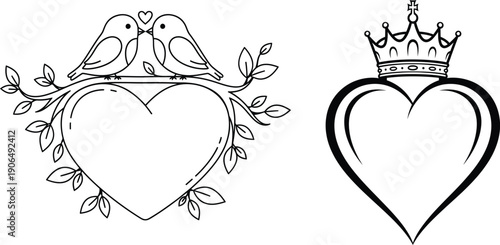 Couple Birds on Heart Frame with Crown Heart