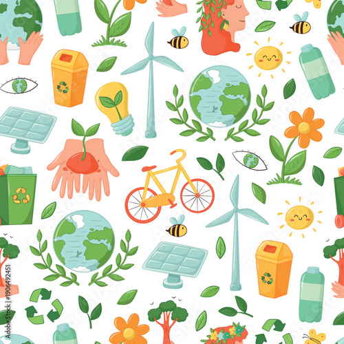 Environmental protextion, sustainability, global ecological awareness seamless pattern with doodles for wallpapers, prints, banners, backgrounds, digital papers, wrapping paper, packaging, etc. EPS 10